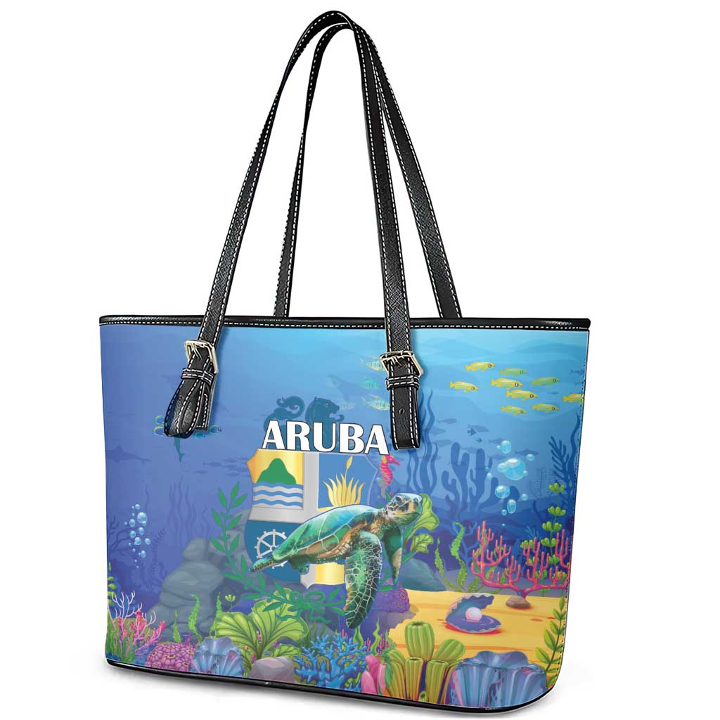 Aruba Sea Turtle Leather Tote Bag Underwater Landscape - Wonder Print Shop