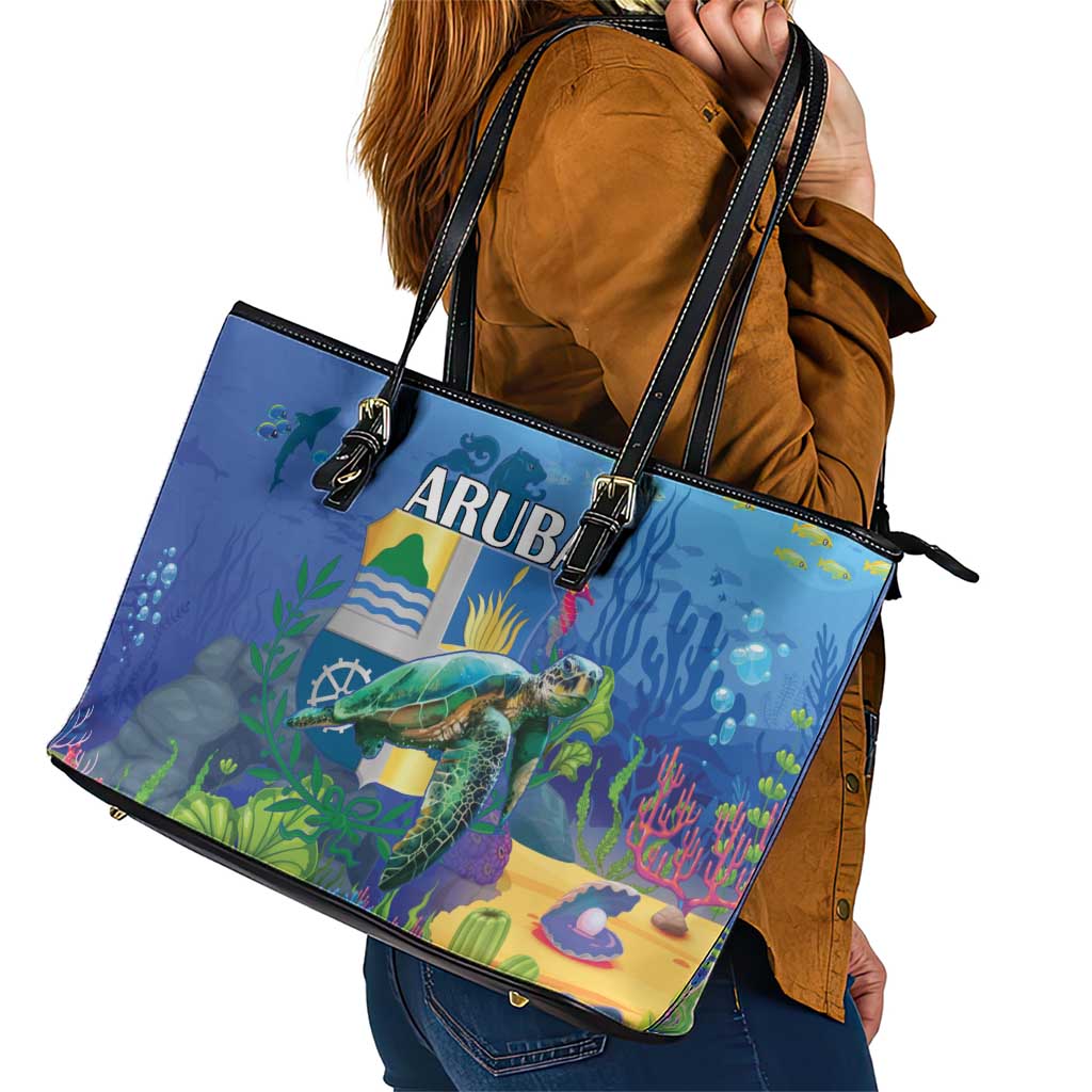 Aruba Sea Turtle Leather Tote Bag Underwater Landscape - Wonder Print Shop
