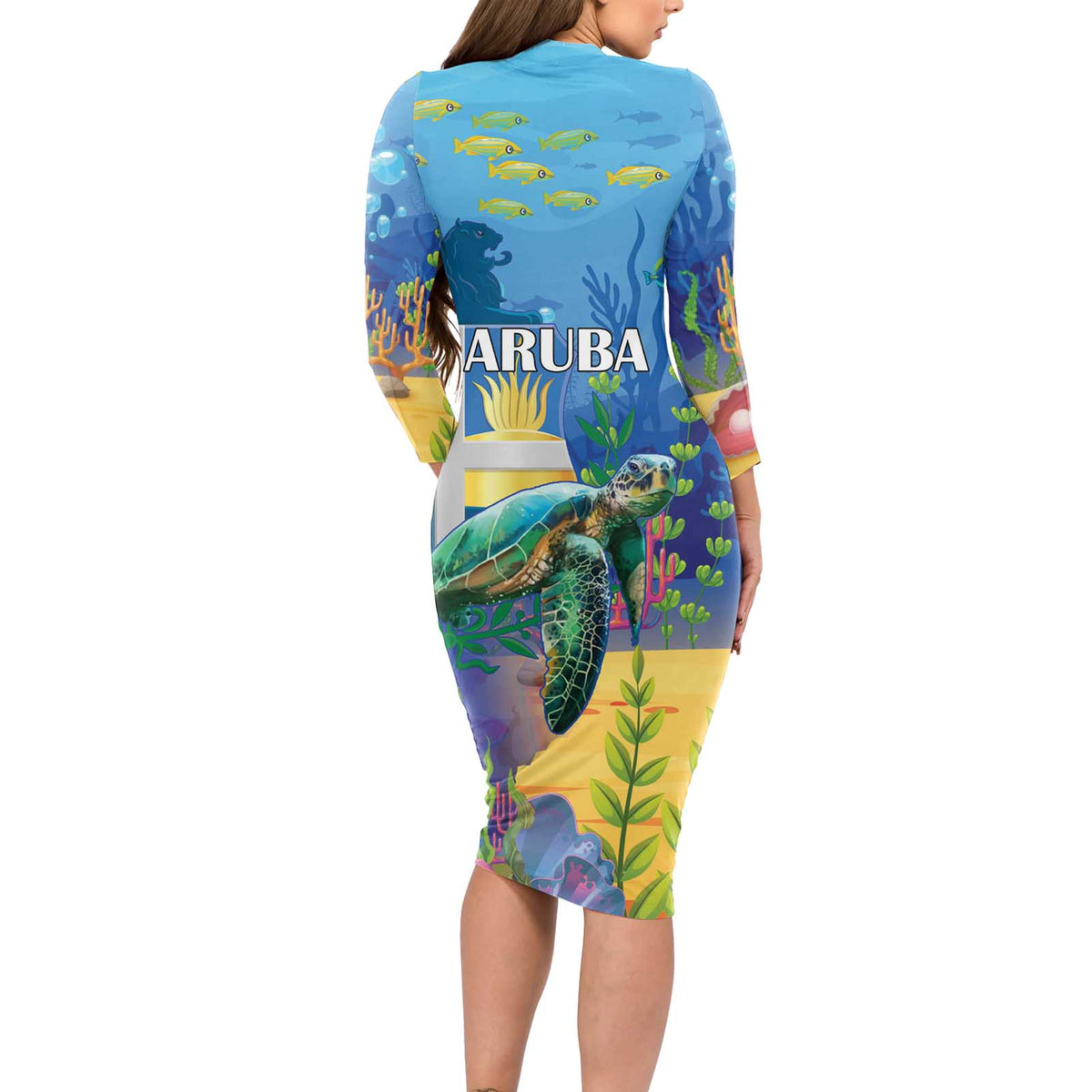 Aruba Sea Turtle Long Sleeve Bodycon Dress Underwater Landscape - Wonder Print Shop