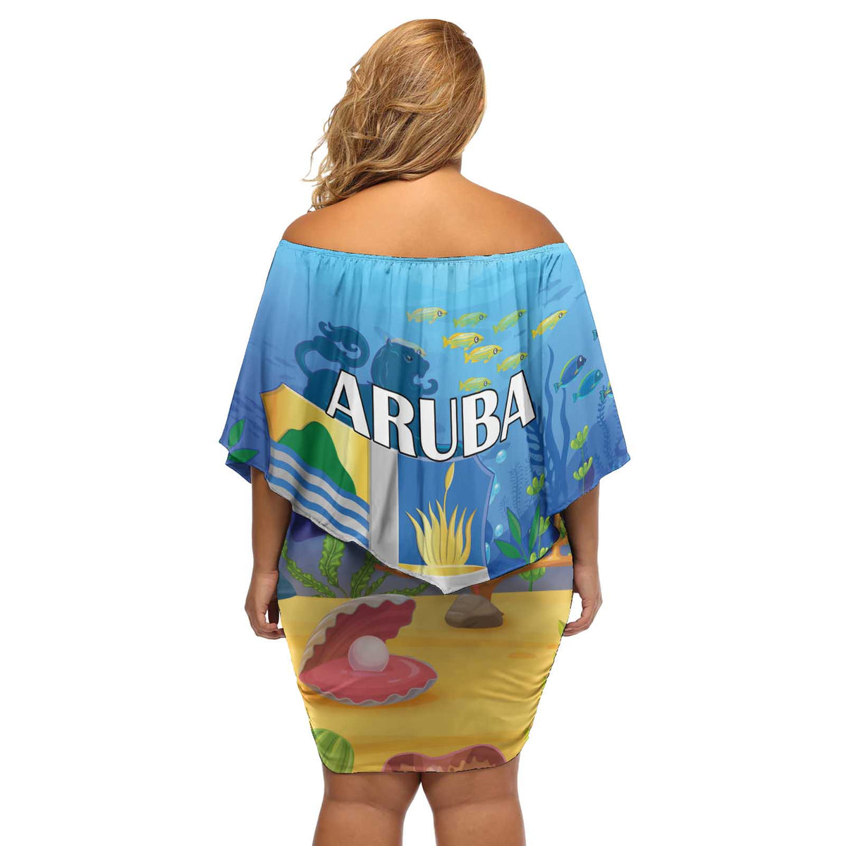 Aruba Sea Turtle Off Shoulder Short Dress Underwater Landscape - Wonder Print Shop