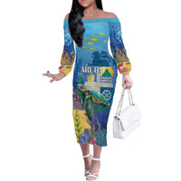Aruba Sea Turtle Off The Shoulder Long Sleeve Dress Underwater Landscape - Wonder Print Shop