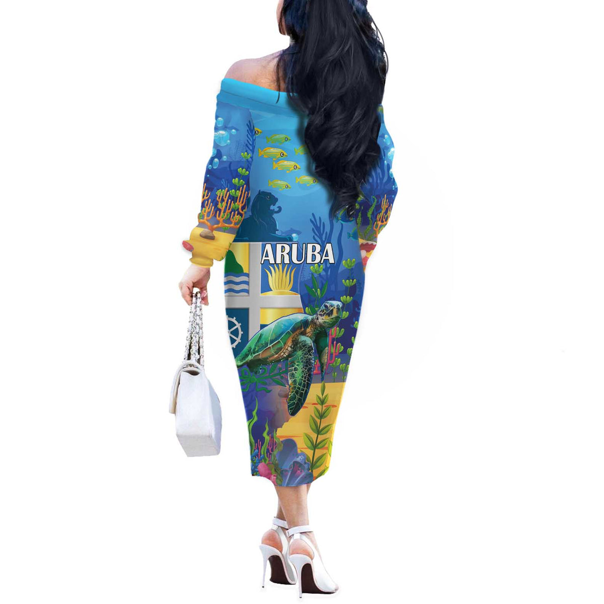 Aruba Sea Turtle Off The Shoulder Long Sleeve Dress Underwater Landscape - Wonder Print Shop