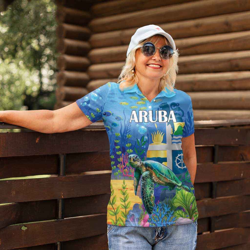 Aruba Sea Turtle Women Polo Shirt Underwater Landscape - Wonder Print Shop