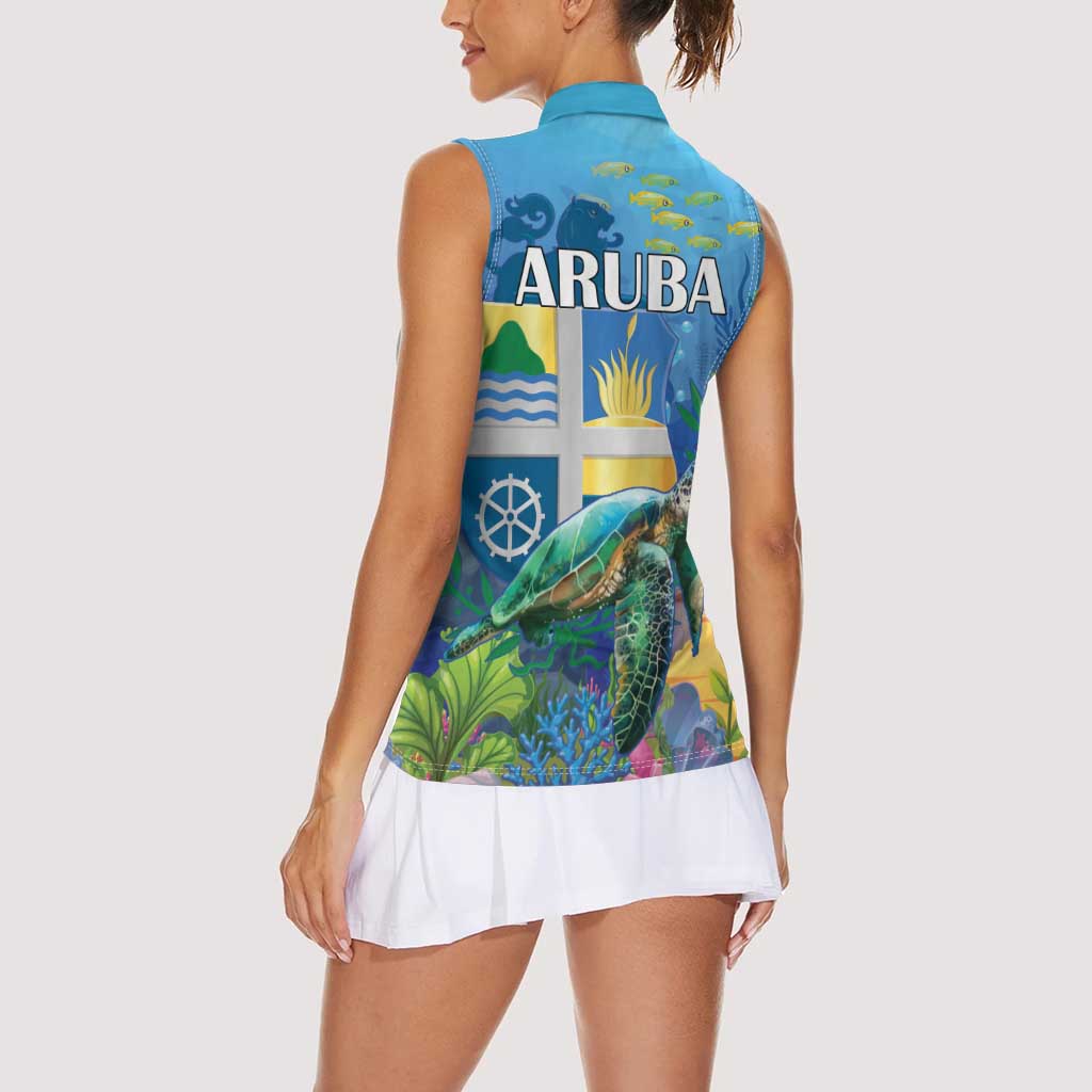Aruba Sea Turtle Women Sleeveless Polo Shirt Underwater Landscape - Wonder Print Shop