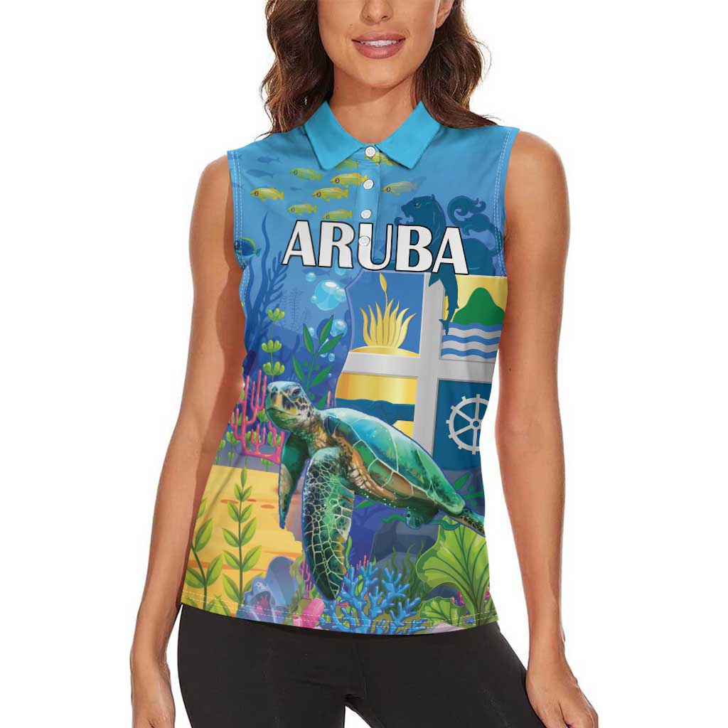Aruba Sea Turtle Women Sleeveless Polo Shirt Underwater Landscape - Wonder Print Shop