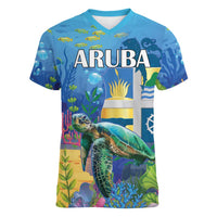 Aruba Sea Turtle Women V-Neck T-Shirt Underwater Landscape - Wonder Print Shop
