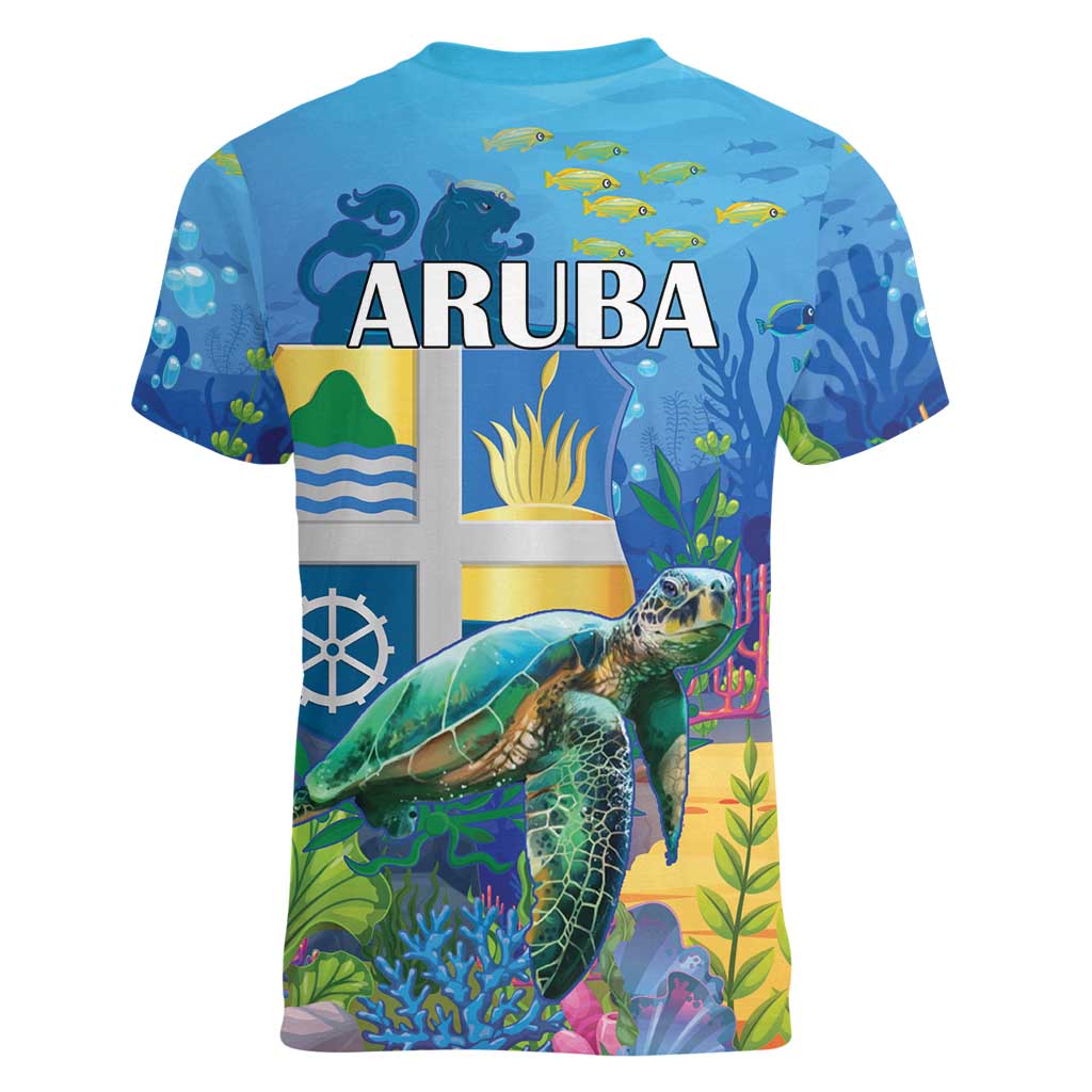 Aruba Sea Turtle Women V-Neck T-Shirt Underwater Landscape - Wonder Print Shop