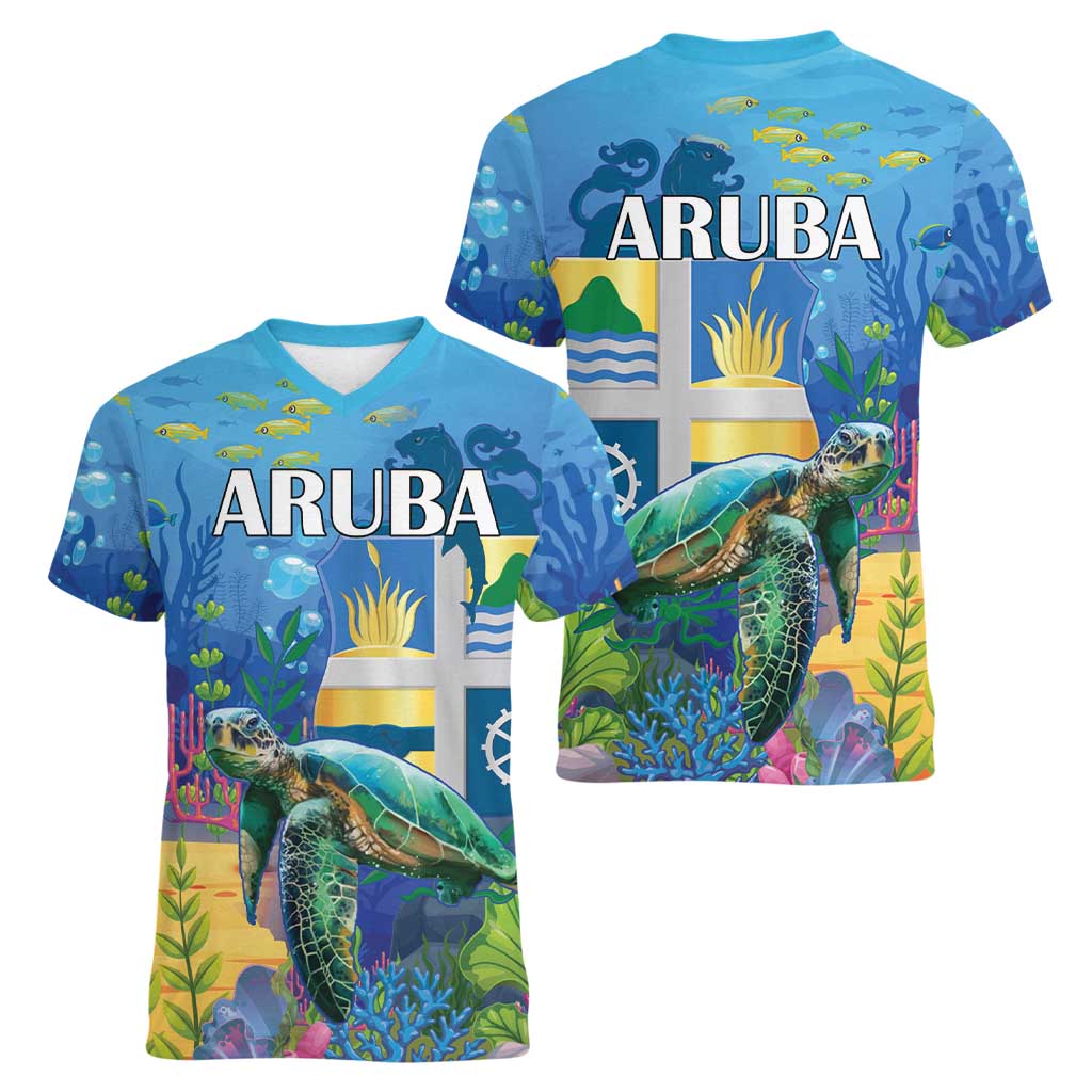 Aruba Sea Turtle Women V-Neck T-Shirt Underwater Landscape - Wonder Print Shop