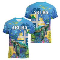 Aruba Sea Turtle Women V-Neck T-Shirt Underwater Landscape - Wonder Print Shop
