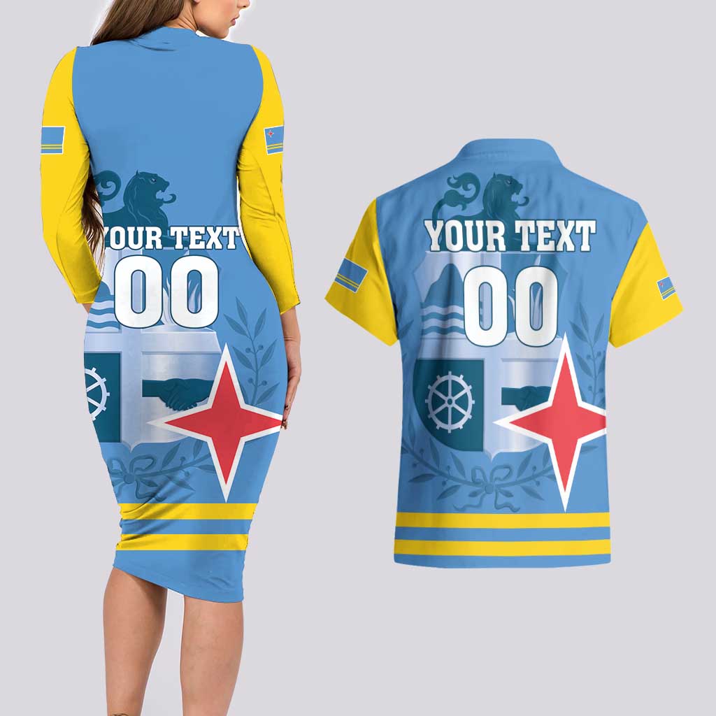 Custom Aruba Coat Of Arms Couples Matching Long Sleeve Bodycon Dress and Hawaiian Shirt With Flag Style - Wonder Print Shop
