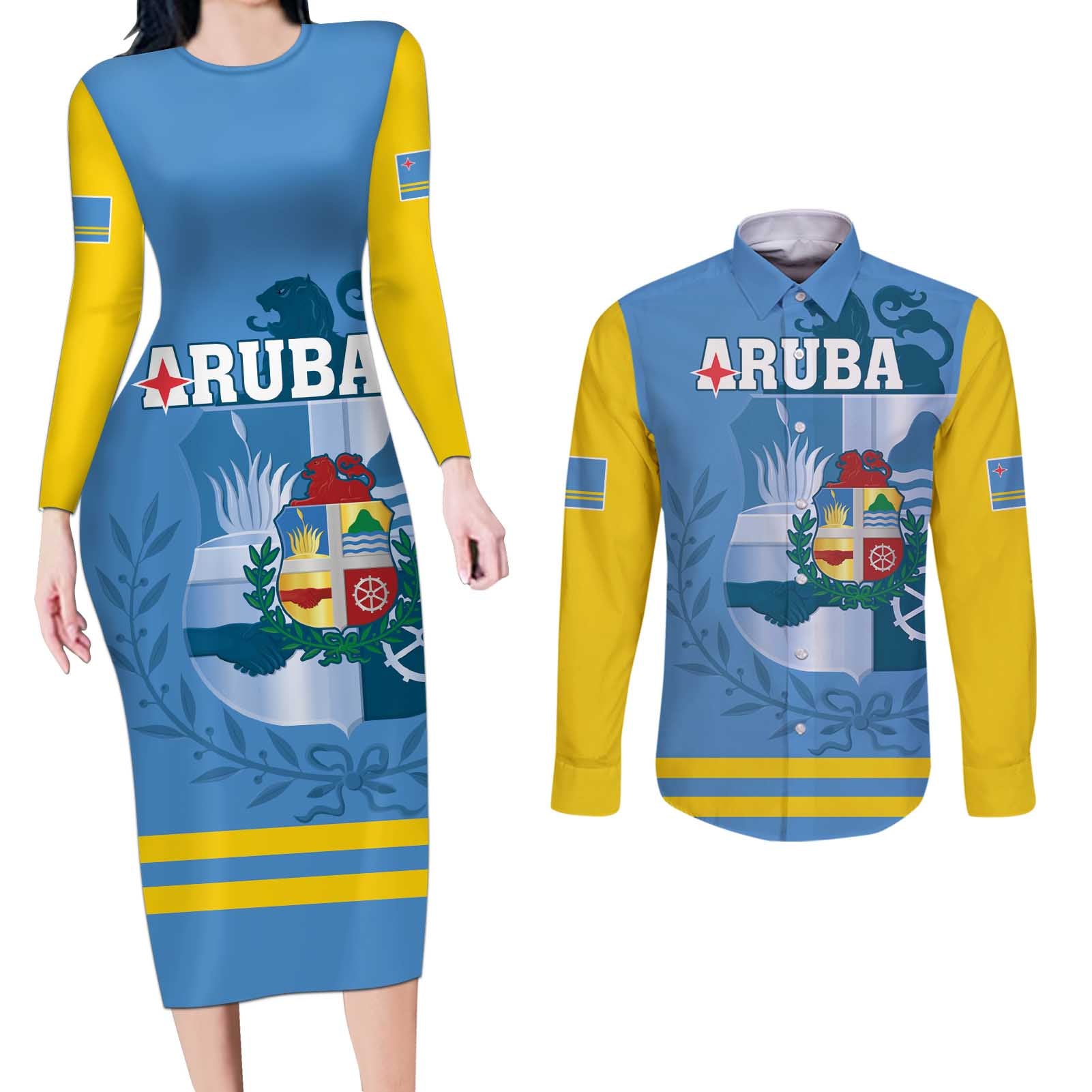 Custom Aruba Coat Of Arms Couples Matching Long Sleeve Bodycon Dress and Long Sleeve Button Shirt With Flag Style - Wonder Print Shop