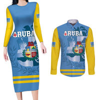 Custom Aruba Coat Of Arms Couples Matching Long Sleeve Bodycon Dress and Long Sleeve Button Shirt With Flag Style - Wonder Print Shop