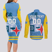 Custom Aruba Coat Of Arms Couples Matching Long Sleeve Bodycon Dress and Long Sleeve Button Shirt With Flag Style - Wonder Print Shop