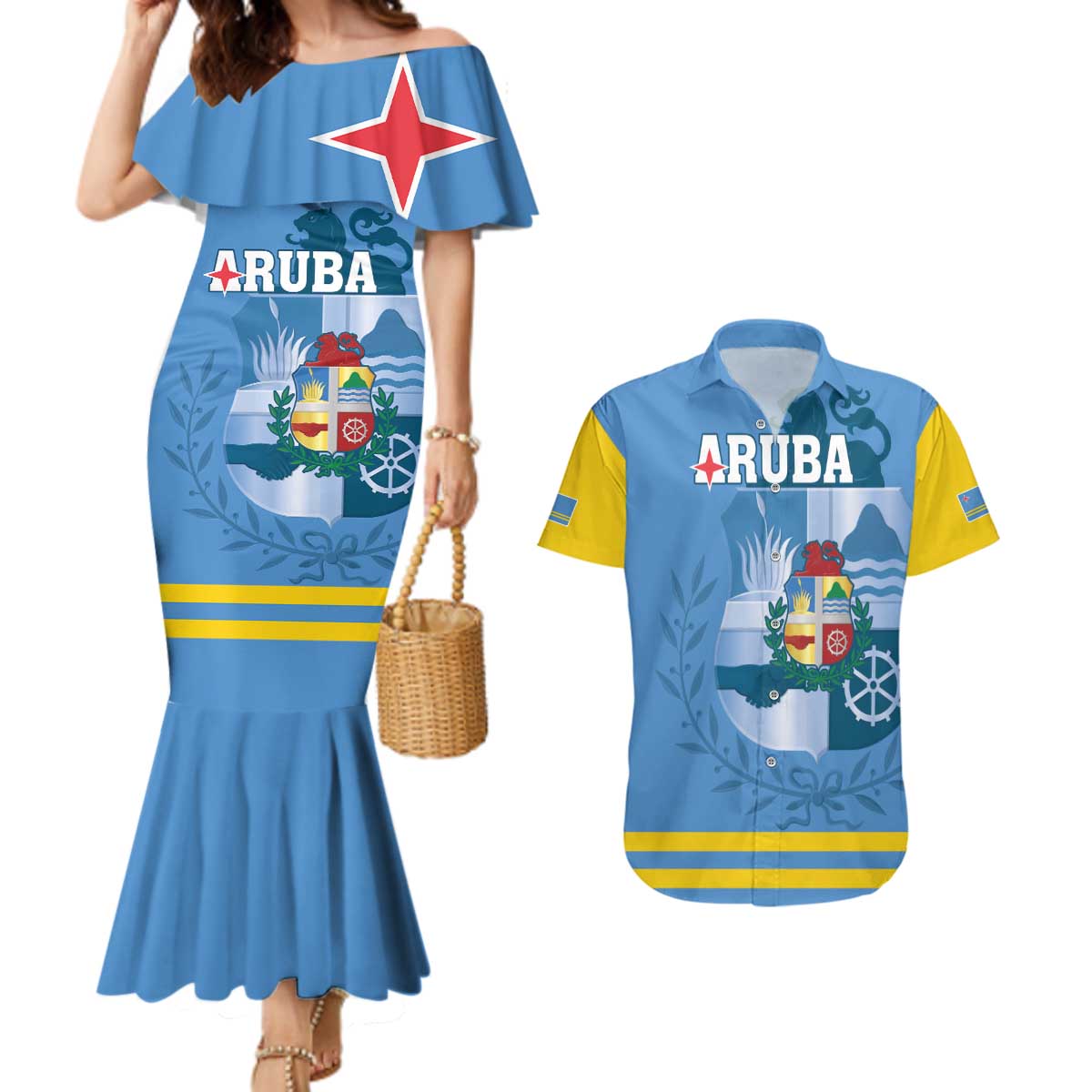 Custom Aruba Coat Of Arms Couples Matching Mermaid Dress and Hawaiian Shirt With Flag Style - Wonder Print Shop