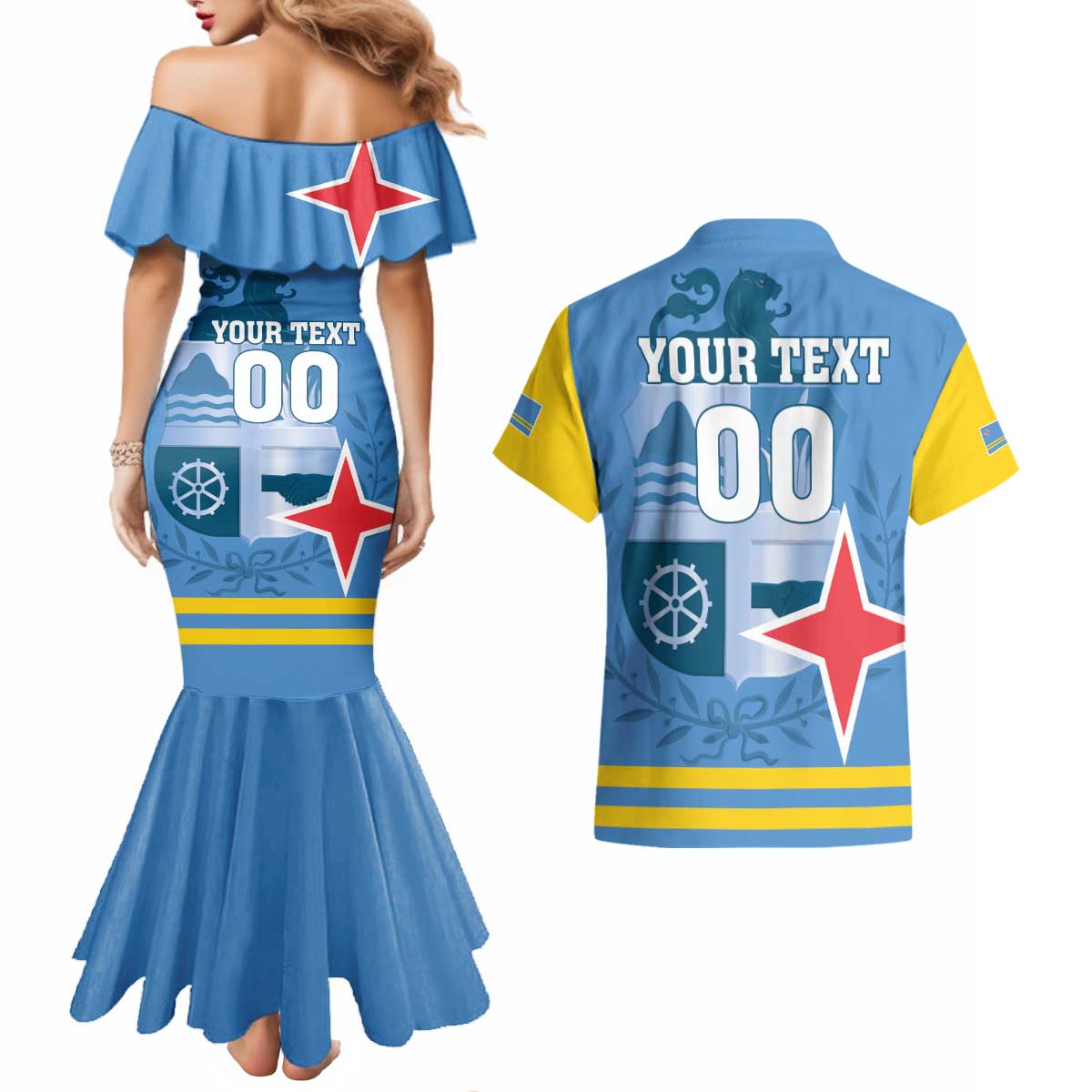 Custom Aruba Coat Of Arms Couples Matching Mermaid Dress and Hawaiian Shirt With Flag Style - Wonder Print Shop