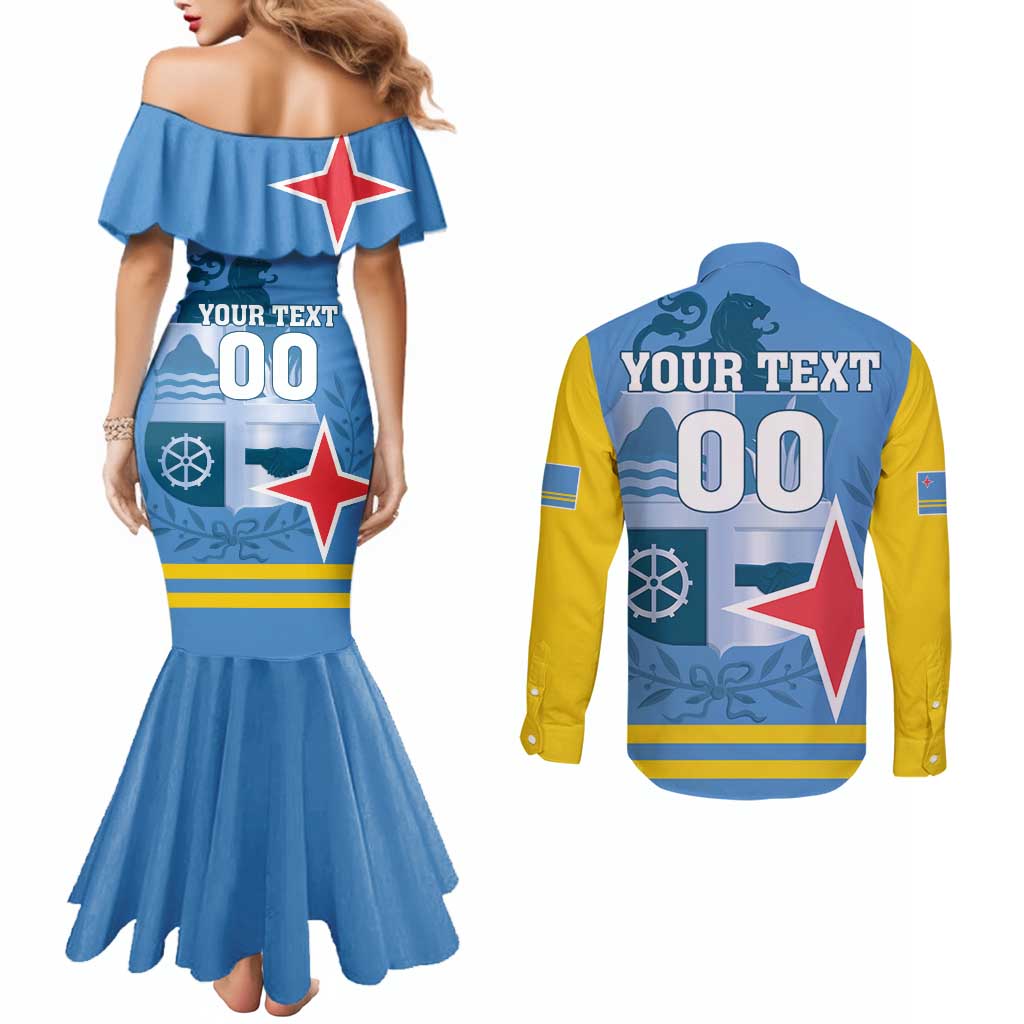 Custom Aruba Coat Of Arms Couples Matching Mermaid Dress and Long Sleeve Button Shirt With Flag Style