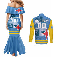 Custom Aruba Coat Of Arms Couples Matching Mermaid Dress and Long Sleeve Button Shirt With Flag Style