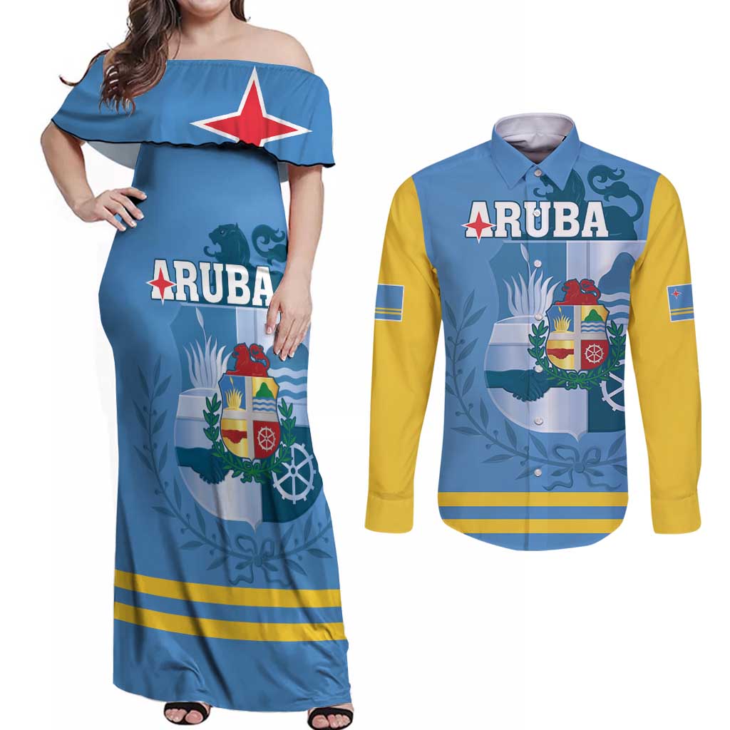 Custom Aruba Coat Of Arms Couples Matching Off Shoulder Maxi Dress and Long Sleeve Button Shirt With Flag Style - Wonder Print Shop