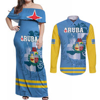 Custom Aruba Coat Of Arms Couples Matching Off Shoulder Maxi Dress and Long Sleeve Button Shirt With Flag Style - Wonder Print Shop