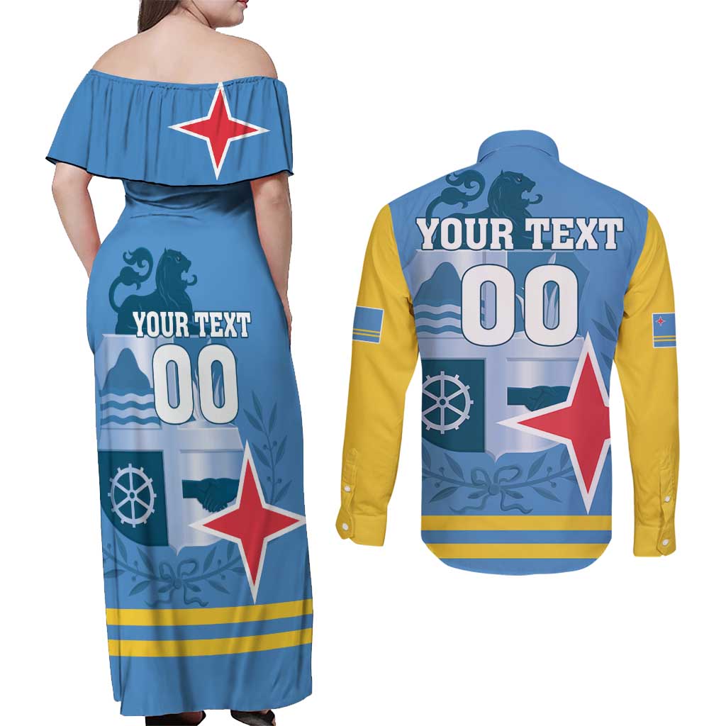 Custom Aruba Coat Of Arms Couples Matching Off Shoulder Maxi Dress and Long Sleeve Button Shirt With Flag Style - Wonder Print Shop
