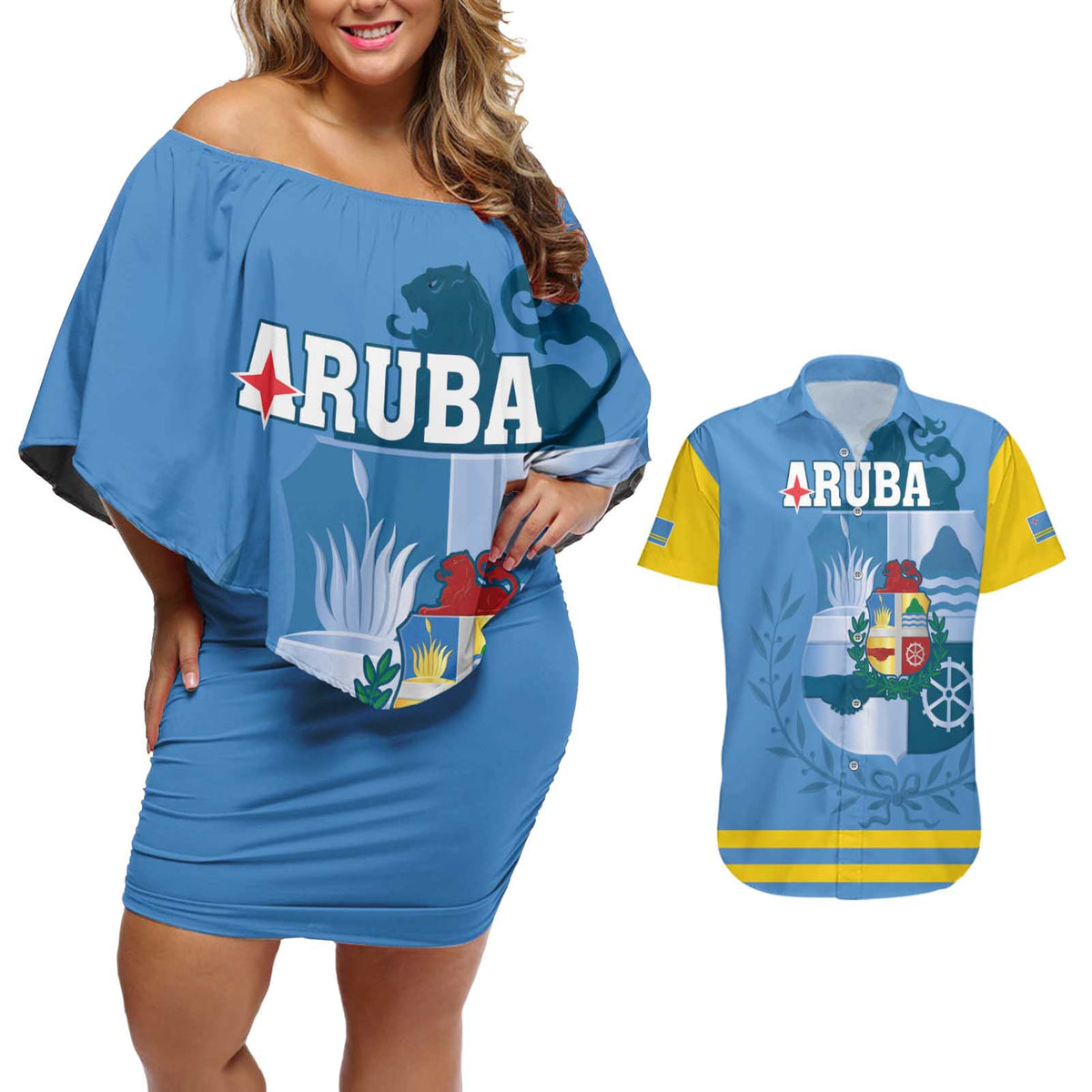 Custom Aruba Coat Of Arms Couples Matching Off Shoulder Short Dress and Hawaiian Shirt With Flag Style - Wonder Print Shop