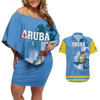 Custom Aruba Coat Of Arms Couples Matching Off Shoulder Short Dress and Hawaiian Shirt With Flag Style - Wonder Print Shop