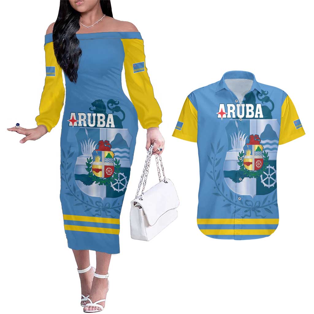 Custom Aruba Coat Of Arms Couples Matching Off The Shoulder Long Sleeve Dress and Hawaiian Shirt With Flag Style - Wonder Print Shop