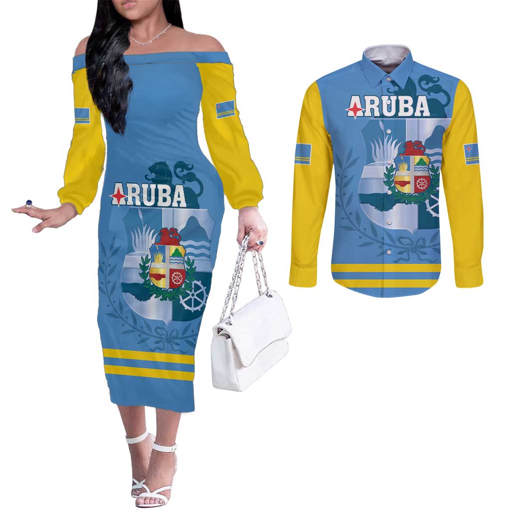 Custom Aruba Coat Of Arms Couples Matching Off The Shoulder Long Sleeve Dress and Long Sleeve Button Shirt With Flag Style