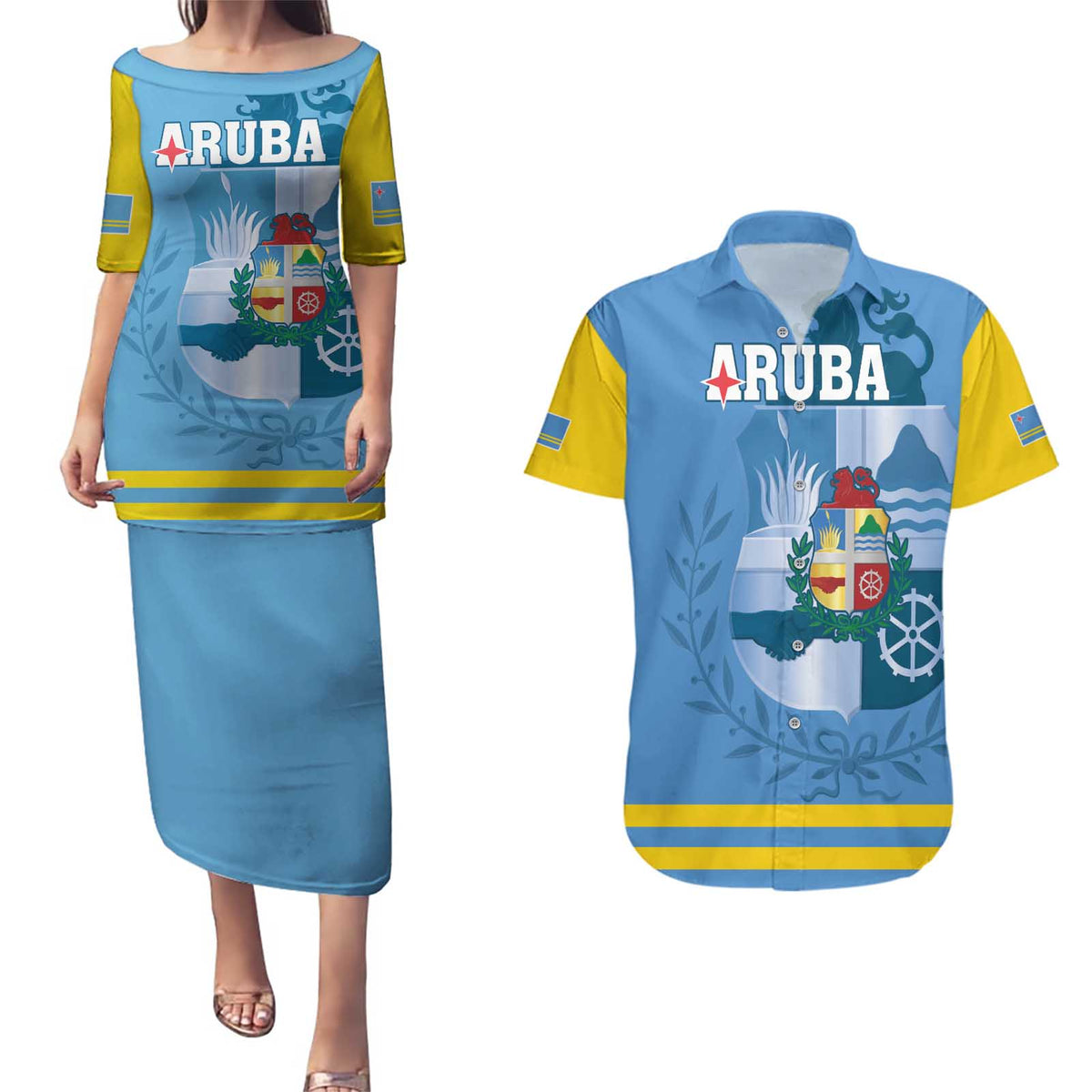 Custom Aruba Coat Of Arms Couples Matching Puletasi and Hawaiian Shirt With Flag Style - Wonder Print Shop