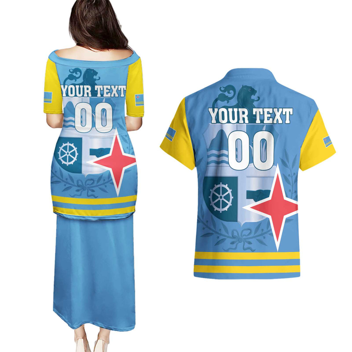 Custom Aruba Coat Of Arms Couples Matching Puletasi and Hawaiian Shirt With Flag Style - Wonder Print Shop