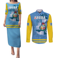 Custom Aruba Coat Of Arms Couples Matching Puletasi and Long Sleeve Button Shirt With Flag Style - Wonder Print Shop