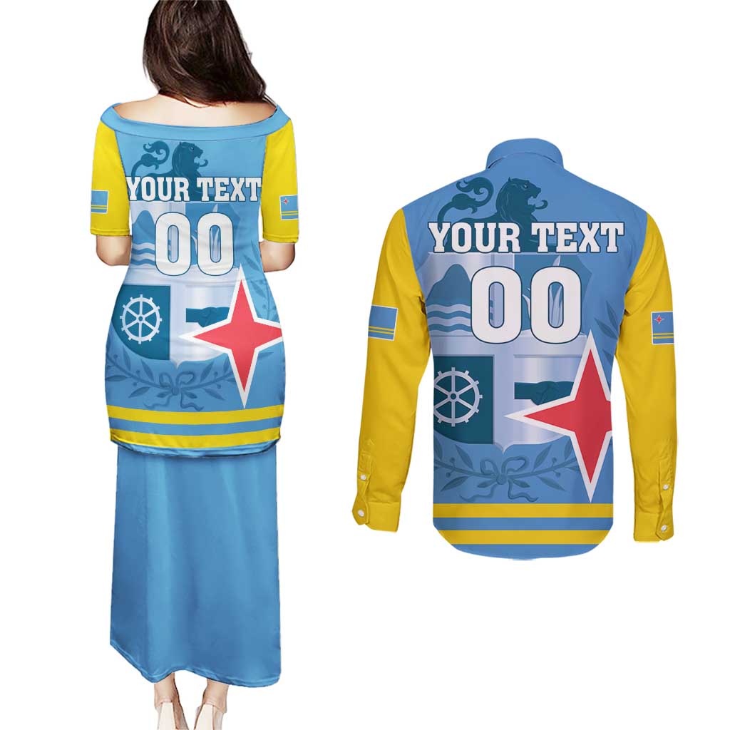Custom Aruba Coat Of Arms Couples Matching Puletasi and Long Sleeve Button Shirt With Flag Style - Wonder Print Shop