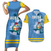 Custom Aruba Coat Of Arms Couples Matching Short Sleeve Bodycon Dress and Hawaiian Shirt With Flag Style - Wonder Print Shop