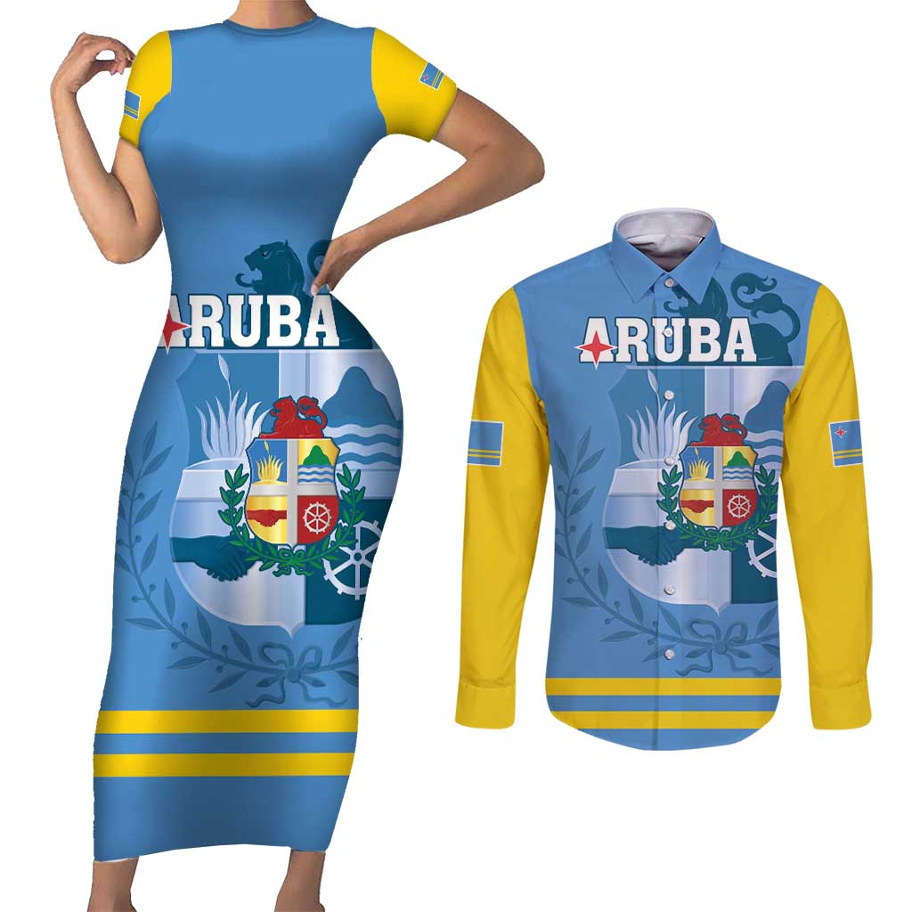 Custom Aruba Coat Of Arms Couples Matching Short Sleeve Bodycon Dress and Long Sleeve Button Shirt With Flag Style - Wonder Print Shop
