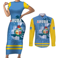 Custom Aruba Coat Of Arms Couples Matching Short Sleeve Bodycon Dress and Long Sleeve Button Shirt With Flag Style - Wonder Print Shop