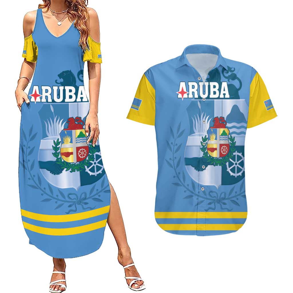 Custom Aruba Coat Of Arms Couples Matching Summer Maxi Dress and Hawaiian Shirt With Flag Style - Wonder Print Shop