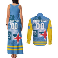 Custom Aruba Coat Of Arms Couples Matching Tank Maxi Dress and Long Sleeve Button Shirt With Flag Style - Wonder Print Shop