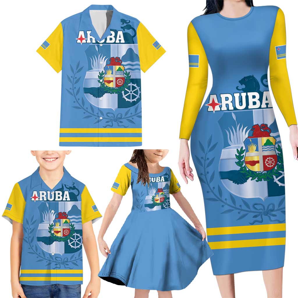 Custom Aruba Coat Of Arms Family Matching Long Sleeve Bodycon Dress and Hawaiian Shirt With Flag Style - Wonder Print Shop