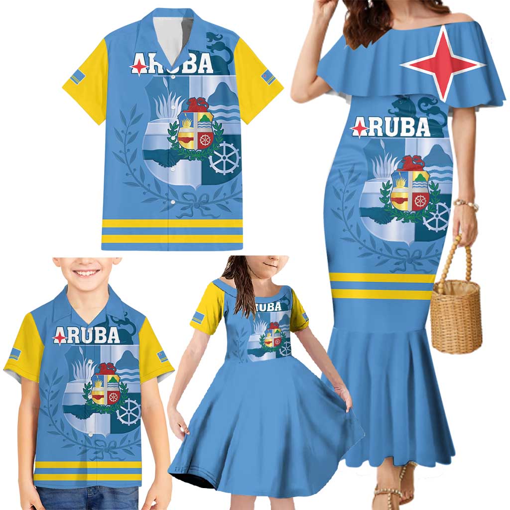 Custom Aruba Coat Of Arms Family Matching Mermaid Dress and Hawaiian Shirt With Flag Style - Wonder Print Shop