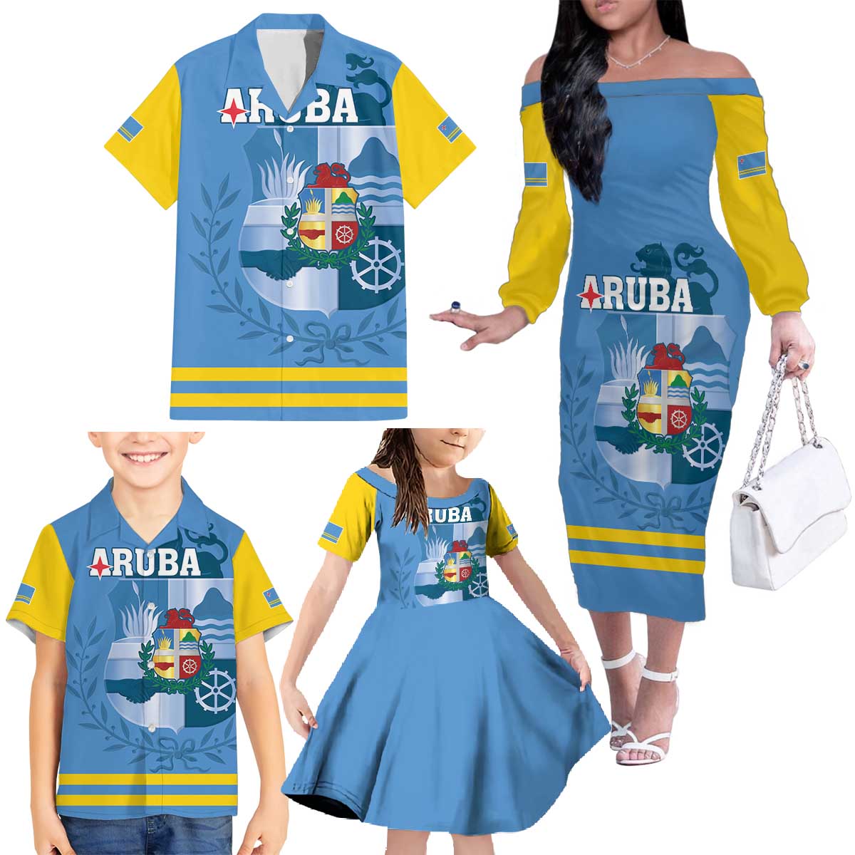 Custom Aruba Coat Of Arms Family Matching Off The Shoulder Long Sleeve Dress and Hawaiian Shirt With Flag Style - Wonder Print Shop
