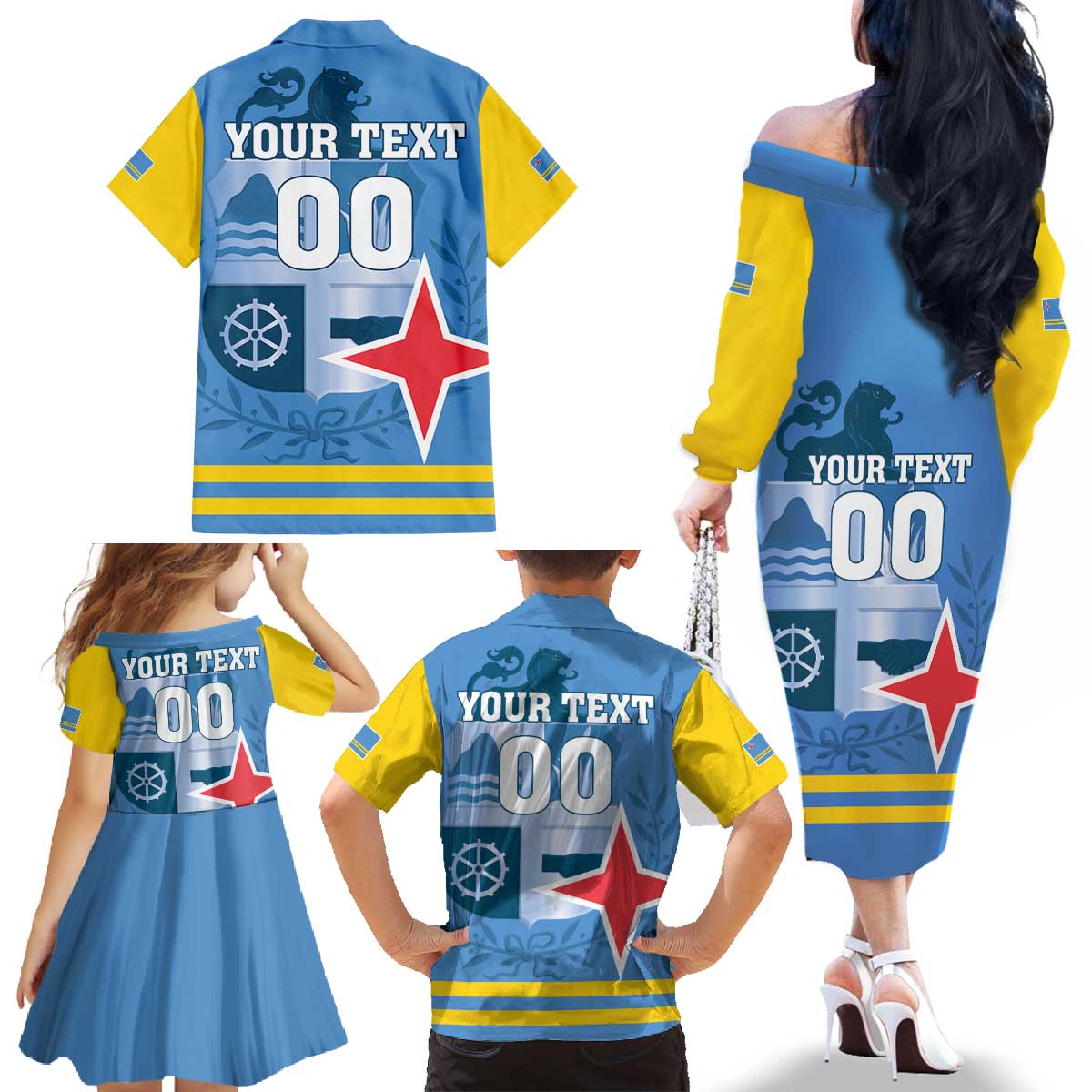 Custom Aruba Coat Of Arms Family Matching Off The Shoulder Long Sleeve Dress and Hawaiian Shirt With Flag Style - Wonder Print Shop