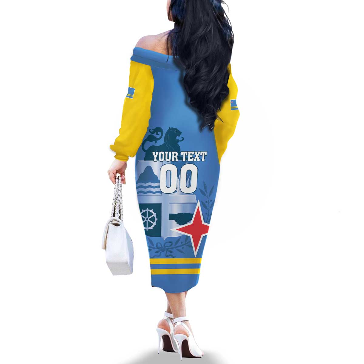 Custom Aruba Coat Of Arms Family Matching Off The Shoulder Long Sleeve Dress and Hawaiian Shirt With Flag Style - Wonder Print Shop