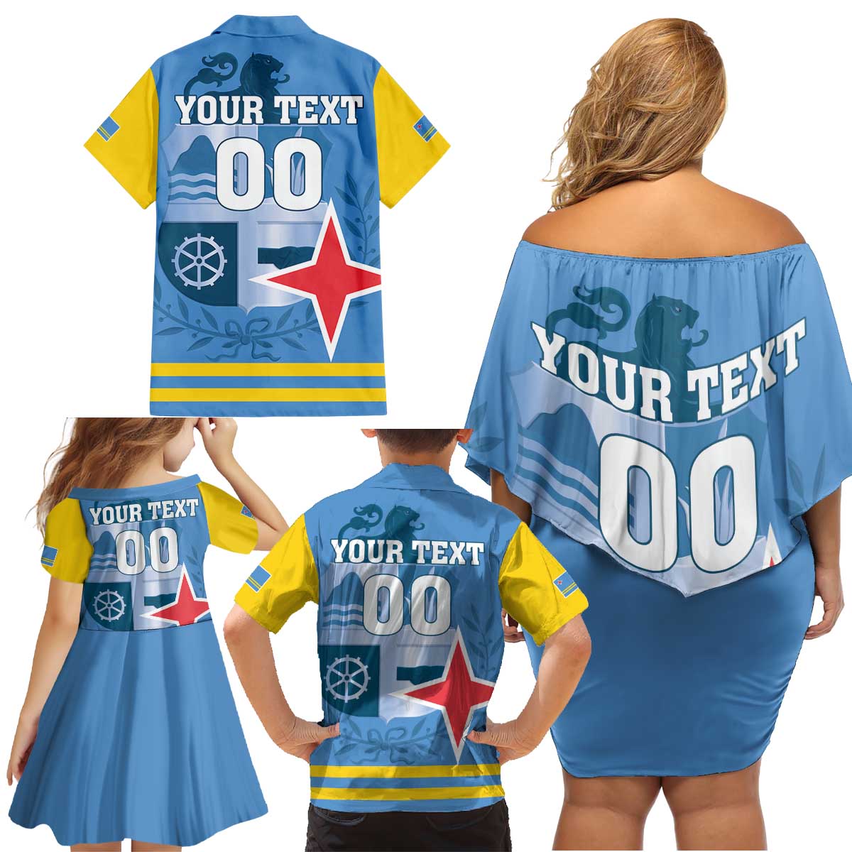 Custom Aruba Coat Of Arms Family Matching Off Shoulder Short Dress and Hawaiian Shirt With Flag Style - Wonder Print Shop