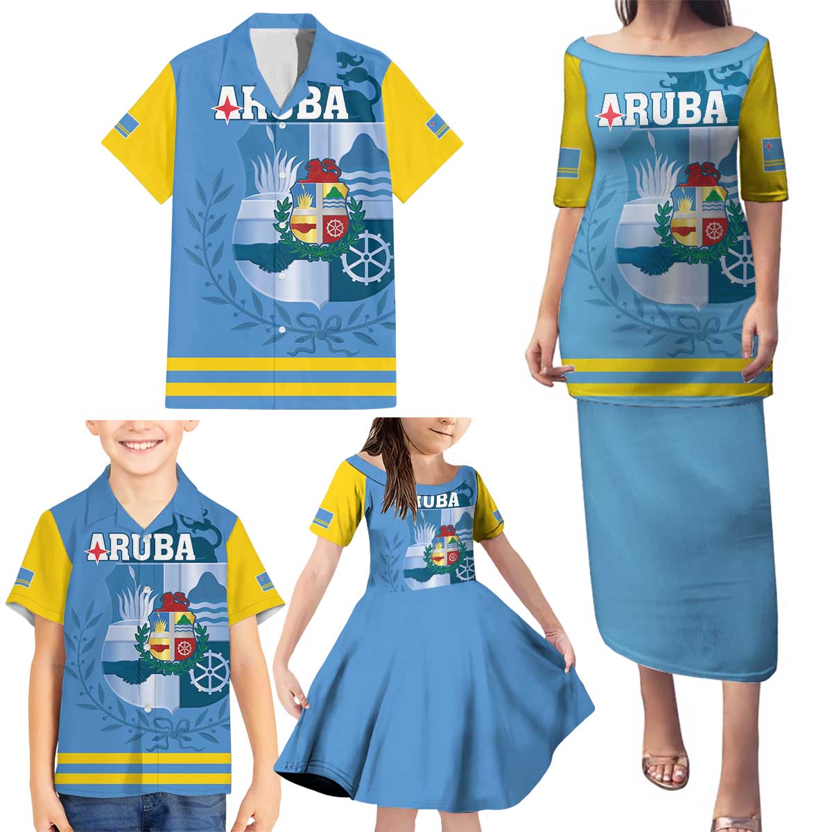 Custom Aruba Coat Of Arms Family Matching Puletasi and Hawaiian Shirt With Flag Style - Wonder Print Shop