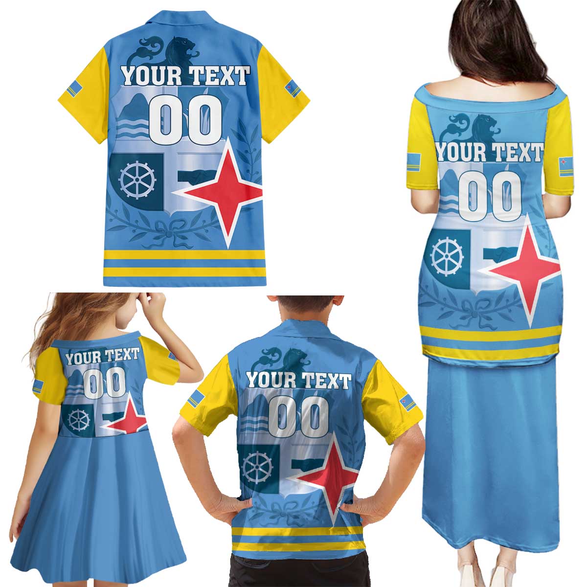 Custom Aruba Coat Of Arms Family Matching Puletasi and Hawaiian Shirt With Flag Style - Wonder Print Shop