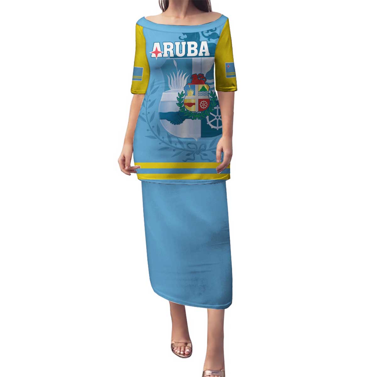 Custom Aruba Coat Of Arms Family Matching Puletasi and Hawaiian Shirt With Flag Style - Wonder Print Shop