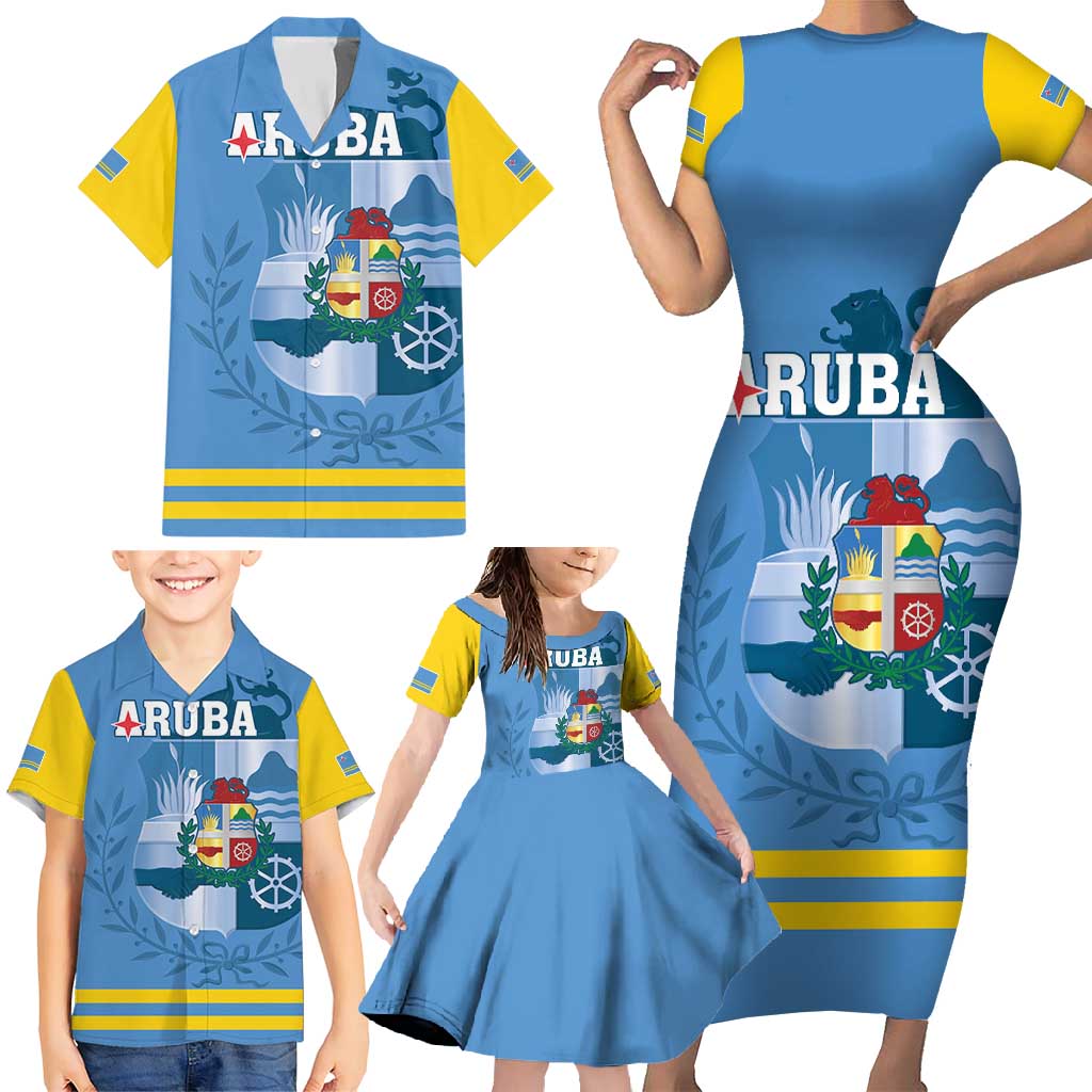 Custom Aruba Coat Of Arms Family Matching Short Sleeve Bodycon Dress and Hawaiian Shirt With Flag Style - Wonder Print Shop