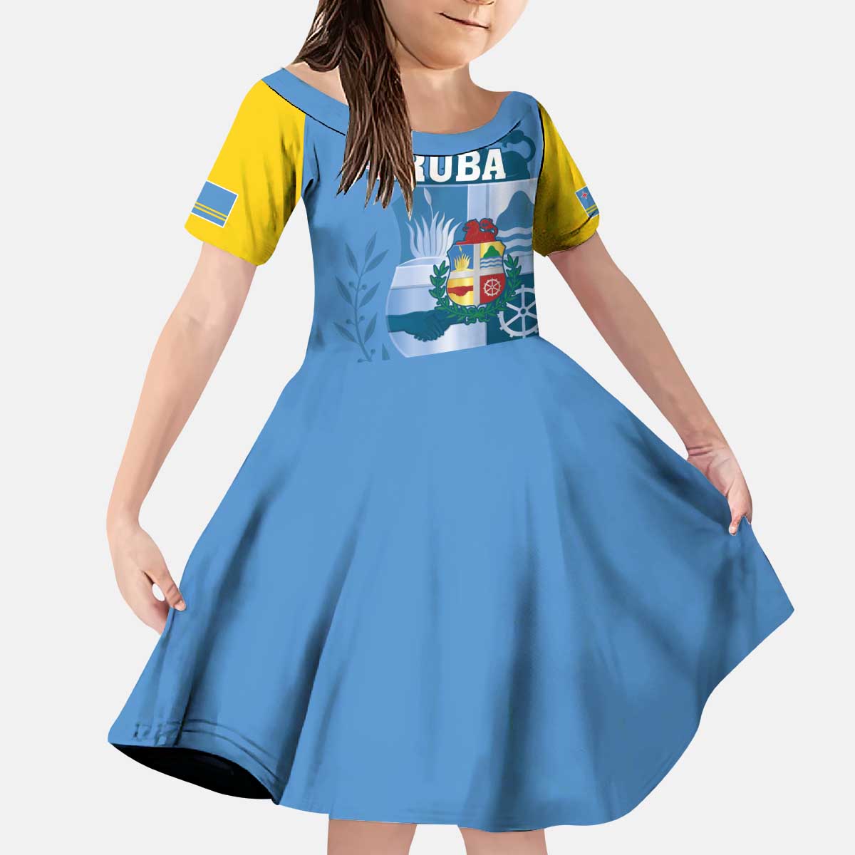 Custom Aruba Coat Of Arms Kid Short Sleeve Dress With Flag Style - Wonder Print Shop