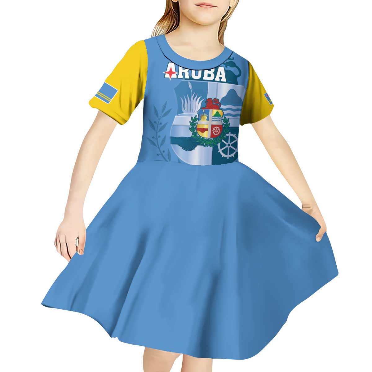 Custom Aruba Coat Of Arms Kid Short Sleeve Dress With Flag Style - Wonder Print Shop