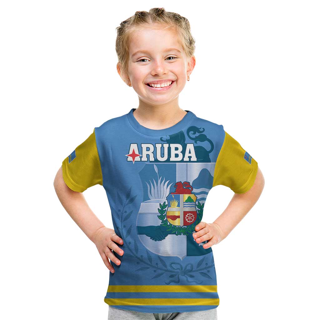Custom Aruba Coat Of Arms Kid T Shirt With Flag Style - Wonder Print Shop